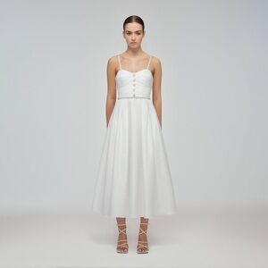 Self-Portrait White Satin Taffeta Midi Dress with Pearl Accents & Belt
